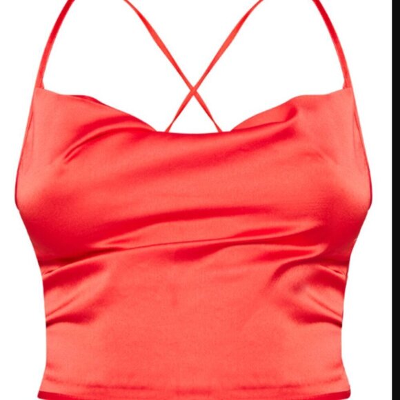 PrettyLittleThing Red Satin Strappy Back Cowl Neck Cami US 0 NWT NEW - Picture 4 of 8